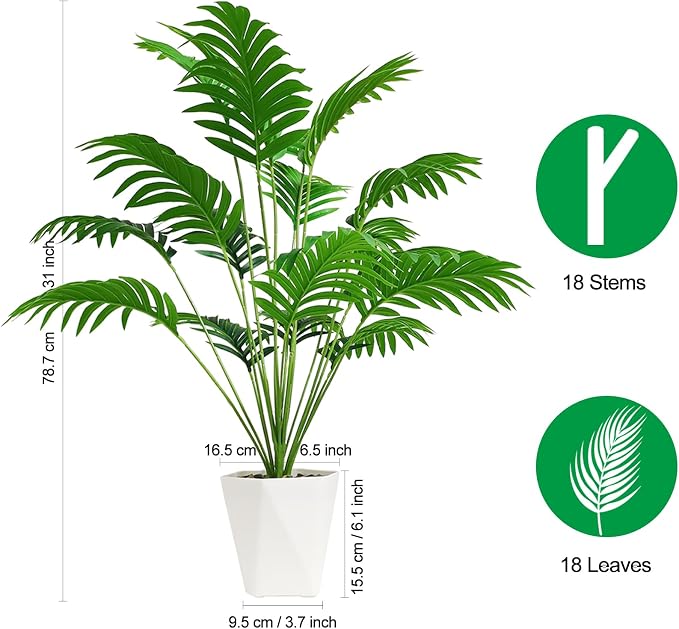 SAJANDAS Set of 2 Artificial Areca Palm Plants in Pots, 31 Inch Fake Tropical Palm Trees with Greenery Leaves and Stems, Faux Dypsis Lutescens Floor Plants for Store, Office, Home Decoration