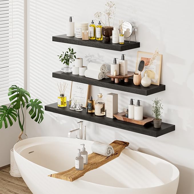 Heimlove 12inch Deep Floating Shelves for Wall, Mounted Shelves 36" W x 12" D x 1.5" H, wall Shelf for Bedroom Living Room Bathroom Kitchen Home Office, Set of 1, Black
