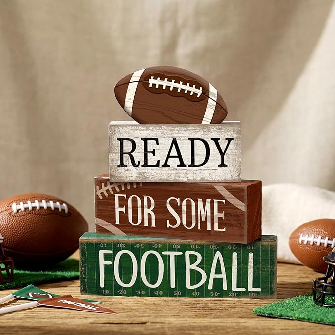 Yuntau 4pcs Football Christmas Table Decoration Happy Football Wooden Block Sign Rugby Tiered Tray Decor Centerpiece Decorative Faux Book Stack for Holiday Tabletop Fireplace Shelf Desk Party Decor