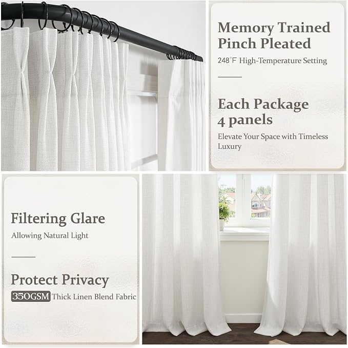 Beige White 102 Inch Extra Long Curtains for Sliding Glass Doors, Memory Shape Pleated Natural Linen Semi Sheer Light Filtering Privacy Boho Bedroom High Ceiling Windows Curtain & Drapes 4 Panels Set