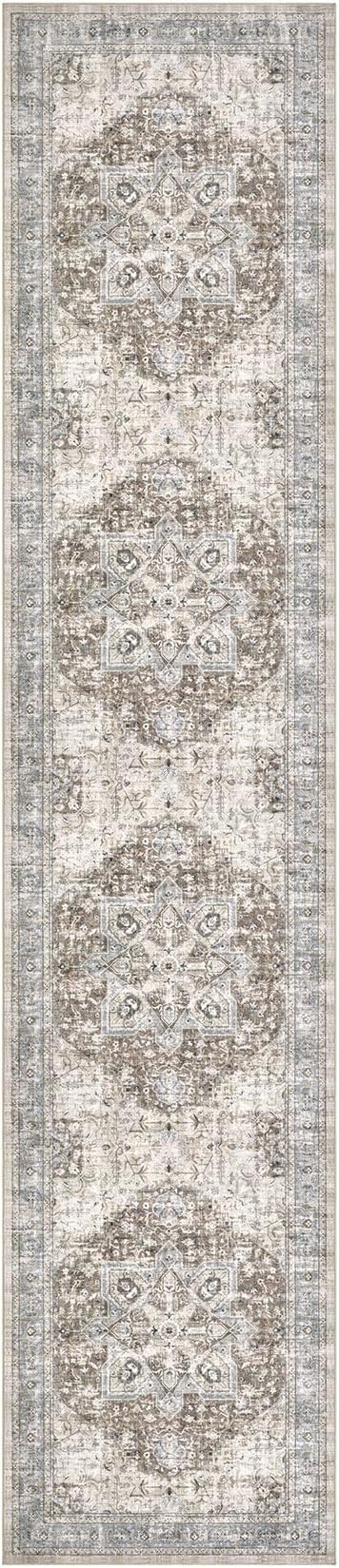 Tortania Area Rug 3x14 Runner Rugs - Washable Vintage Oriental Farmhouse Thin Indoor Carpet for Living Room Bedroom Hallway Entryway Kitchen Under Dining Table Home Office - Brown Blue