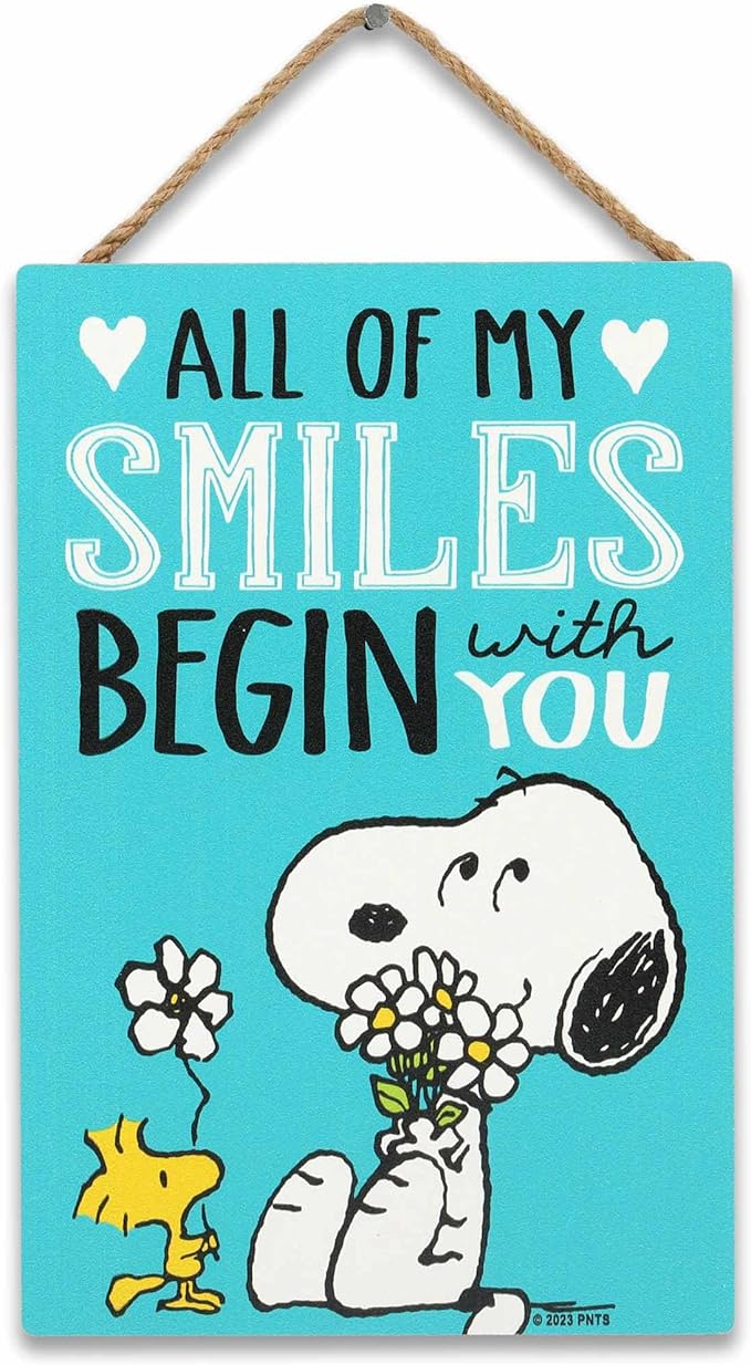 Peanuts Snoopy All My Smiles Begin With You Hanging Wood Wall Decor - Cute Snoopy Sign - Great Gift Idea