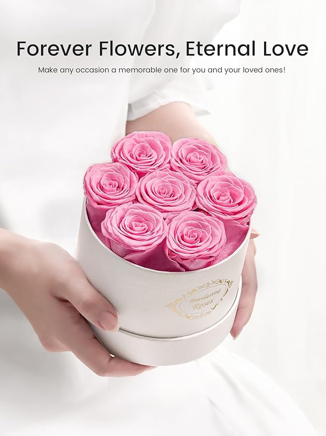 Beaulasting Long Lasting Preserved Roses in a Box Last a Year Forever Flowers for Her Mom Wife Anniversary Birthday (Round White Box, Pink)