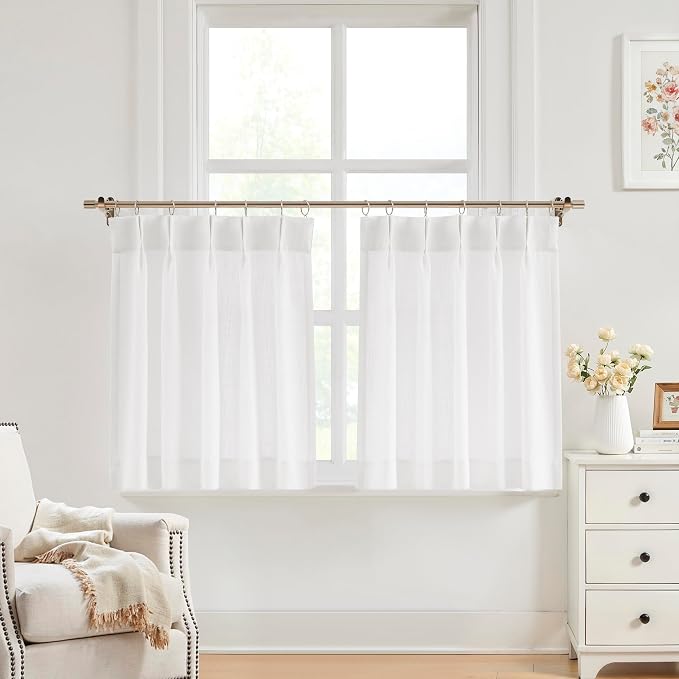 Vision Home White Pinch Pleated Tier Curtains 30 inch, Semi Sheer Kitchen Curtains with Back Tab & Hooks, Light Filtering Small Window Panels for Bathroom Laundry, 25" Wx30 Lx2