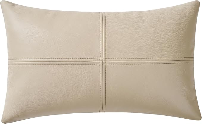 Full Grain Leather Lumbar Pillow Cover (14" x 22") (Cream) | Cowhide Sofa Cushion Case Thick Genuine Leather Throw Pillow for Living Room Bedroom and Home Office, Pack of 1, Cover Only