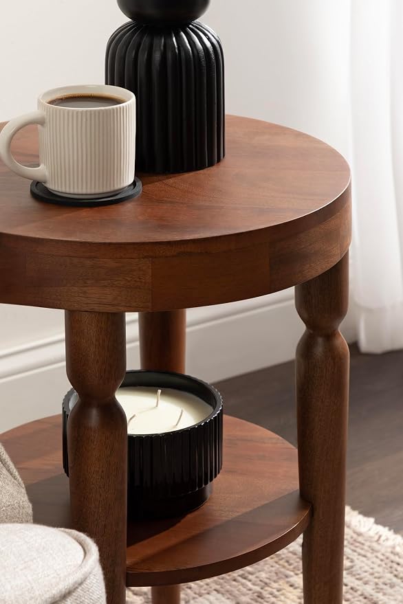 Kate and Laurel Ardentown Modern Round Wood Side Table, 16 x 16 x 24, Walnut Brown, Turned Leg Two-Tier End Table for Use as a Bedroom Nightstand or Living Room Plant Stand Table