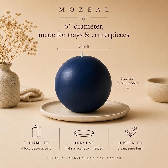 MOZEAL Hand-Poured, 6 Inch Navy Blue Large Round Ball Candles - Elegant Navy Blue Round Pillar Candles, Dripless, Unscented, Smokeless, Ideal for Formal Events.