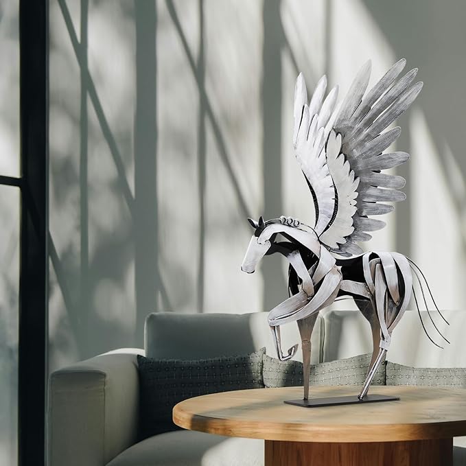 SunBlogs Art Horse Statue Décor Artwork, 24" H Handmade Metal Pegasus Greek Flying Horse Sculpture, Hand-Painted Animal Figurines for Home Living Room Office (Vintage White with Wings)
