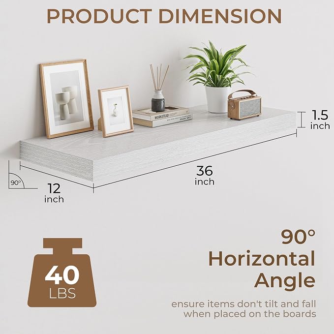 RICHFOCUS Deep Floating Shelves for Wall 2 Pack 12" D 36 Inch Wall Shelves for Room Wall|Wood Hanging Shelf with Invisible Brackets for Bathroom Bedroom Kitchen Laundry Room, White