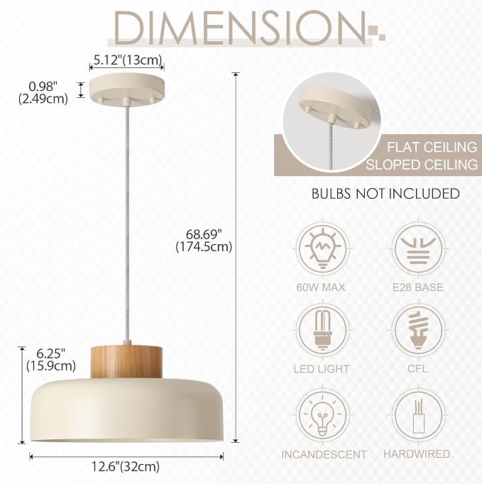 Modern Pendant Lights,12.6 inch,Natural Wood Cap,Simple Hanging Light Fixture for Kitchen Island,Dining Room