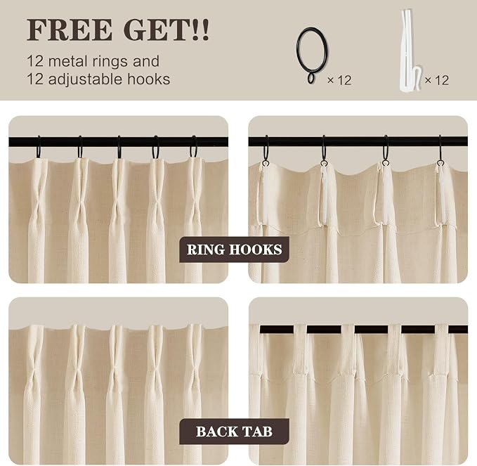 Pinch Pleated Extra Wide Linen Curtains 102 Inch Long for Sliding Glass Door, Sand Beige Light Filtering Curtain Textured Thick Semi-Sheer Pleat Drapes with Hooks for Living Room, 60W x 102 L, 1 Panel