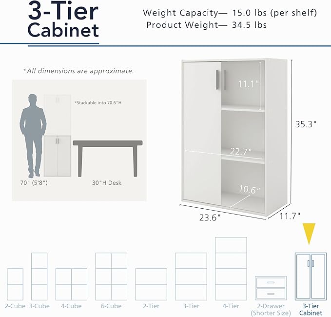 Homes: Inside + Out Apexa 3-Tier Stackable Wood Bookcase with Doors, Cube Storage Organizer Shelves, Small Food Pantry Cabinet, Dorm Teen Room Decor & Bedroom, Home Office, Kitchen, Black