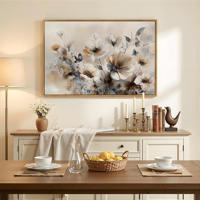 Framed Neutral Floral Wall Art, Vintage Beige Botanical Flower Canvas Artwork for Modern Farmhouse Walls, Rustic Watercolor Painting Prints for Living Room Bedroom Kitchen Dining Room, 24x36 Inch