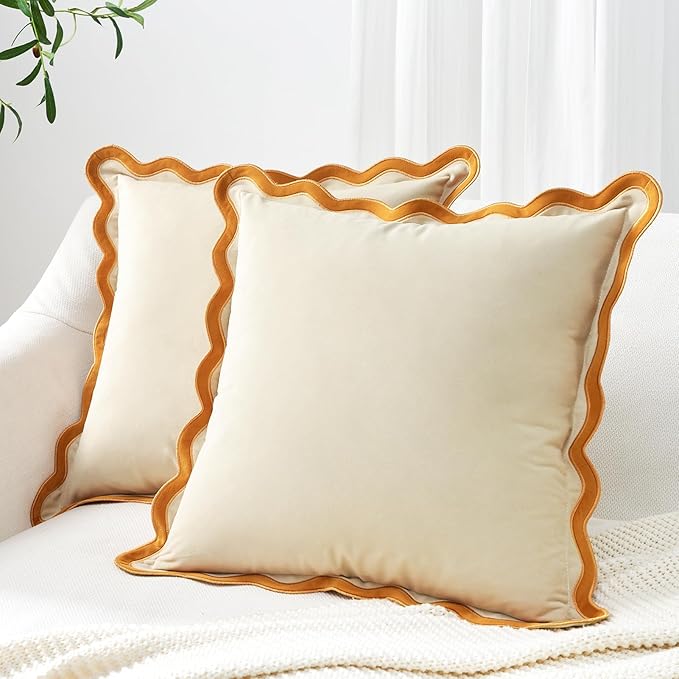 MONDAY MOOSE Decorative Throw Pillow Covers Cushion Cases, Set of 2 Soft Velvet Scalloped Wavy Edge Designs, Mix and Match for Home Decor, Pillow Inserts Not Included (20x20 inch, Honey/Cream)