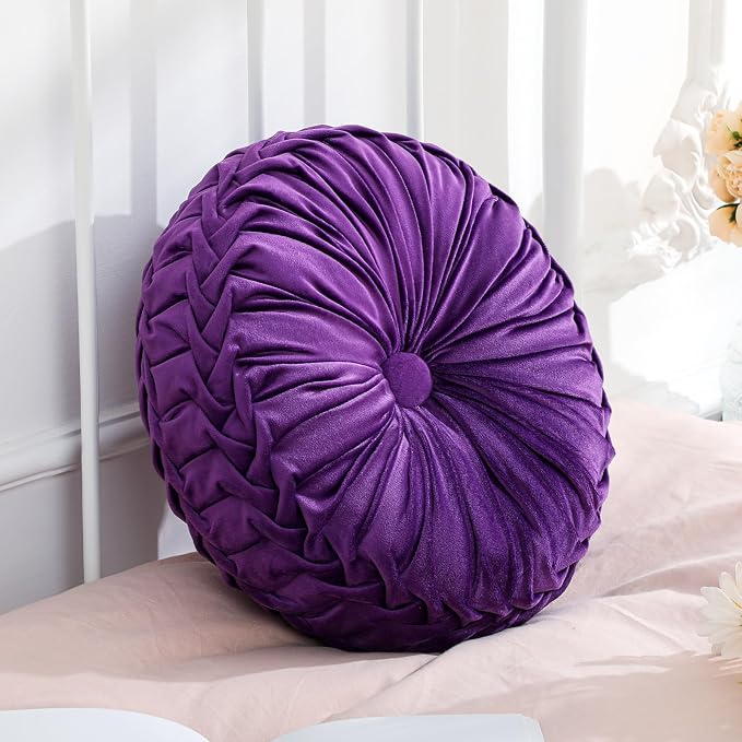 Drydiet 1 Pcs Round Throw Velvet Pillows Decorative Pleated Throw Pillows Diameter Accent Pumpkin Boho Chair Cushion for Couch Sofa Home Decoration (Purple,15'')