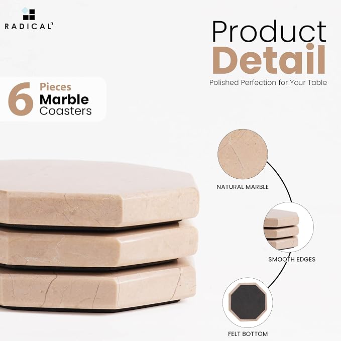 Radicaln Marble Coasters Set of 6 Handmade 3.5" Inch Verona Star Coasters for Drinks, Ideal Stone Coasters for Kitchen, Dining, and Living Room Decor