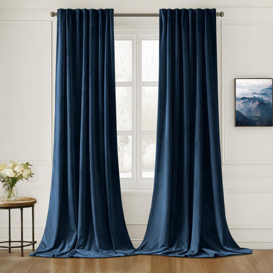 MIULEE Navy Blue Velvet Curtains 90 inches Long 2 Panels - Luxury Pinch Pleated Room Darkening Window Drapes for Bedroom Living Room Thermal Insulated Super Soft Blackout, Back Tab Rod Pocket