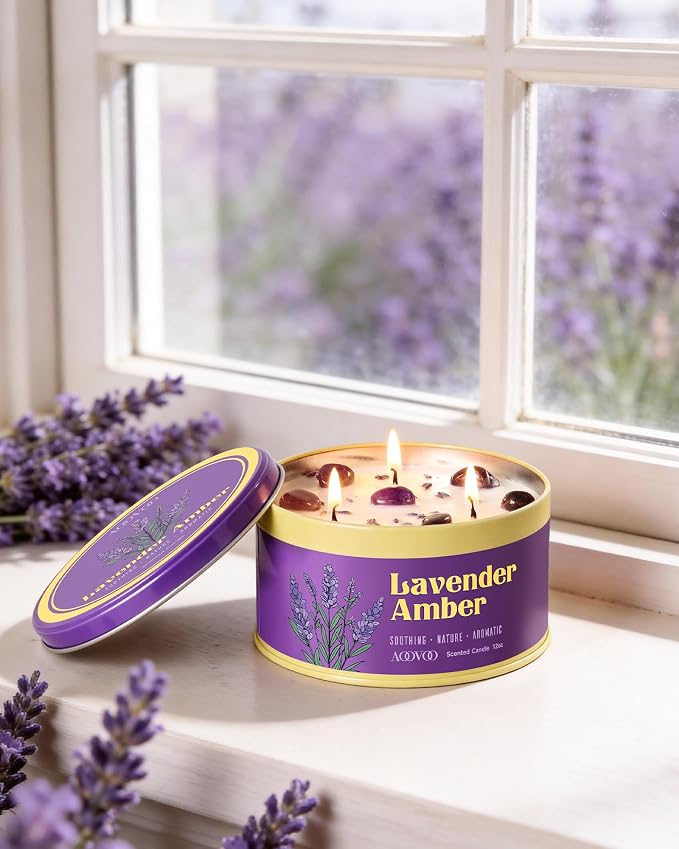AOOVOO 2 Pack Lavender Amber Candles for Relaxation - 3 Wick 12oz Large Scented Candle with Amethyst & Dried Lavender Inside, Soy Wax Non Toxic for Sleep, Meditation, Aromatherapy Gifts for Women Men