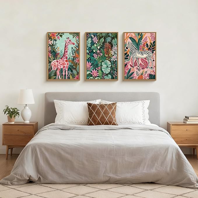 Spring Boho Sage Green Pink Giraffe Zebra Jungle Framed Canvas Wall Art Set,Natural Safari Tropical Wildlife Wall Decor,Modern Wild Animal Botanical Artwork for Living Room,Farmhouse -16"x24"x3