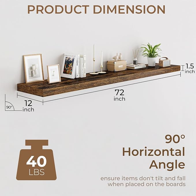 RICHFOCUS 72 Inch 12" D Floating Shelves for Wall 2 Pack Long Wall Shelves for Room Wall|Large Wood Hanging Shelf with Invisible Brackets for Bathroom Bedroom Kitchen Laundry Room, Rustic Brown