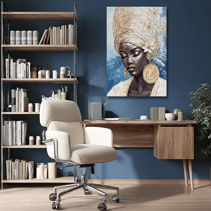 Dolidoteart Blue Gold Black Woman Wall Art, African American Canvas Print Wall Decor for Living Room Bedroom Office, Modern Portrait Artwork, 24x36 Inch