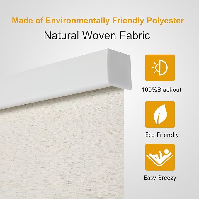 Persilux Free-Stop Cordless 100% Blackout Roller Shades for Windows, Natural Woven Fabric UV Protection Privacy Thermal Insulated Window Blinds for Indoor Windows, Home, Bedroom, Cream 32" W x 72" H