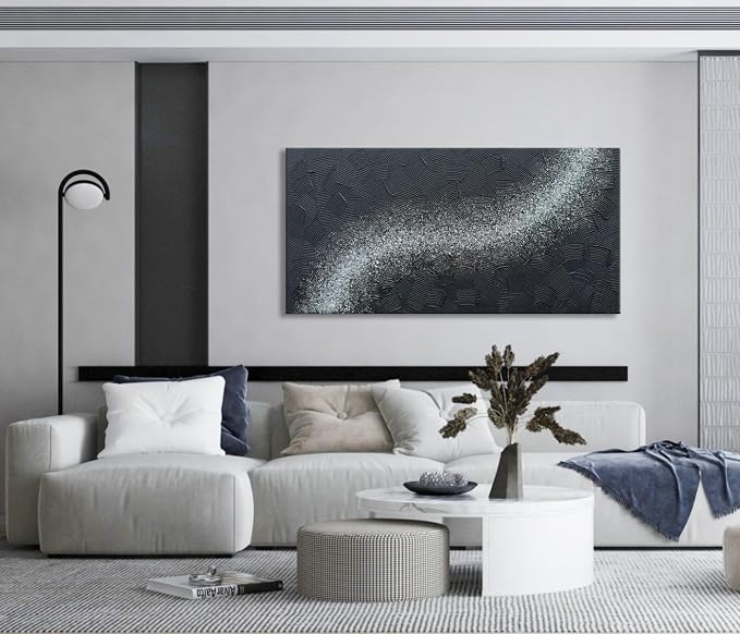zoinart Handmade Large Glittery Crystal Canvas Wall Art, 24x48 Inches Black Abstract Modern Oil Paintings, Textured Contemporary Wall Art Ready to Hang