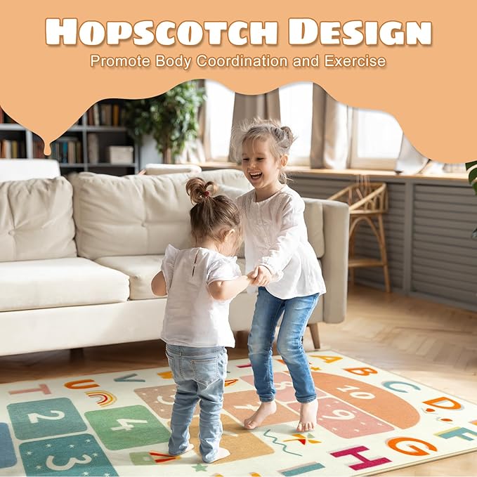 STARUIA Washable Hopscotch Rug for Indoor Playroom, Colorful Educational Kids Rug with ABC Number, Non Slip Boy Girl Play Carpet for Kids Room Bedroom Nursery Daycare Classroom（Beige, 31.5''x72''）