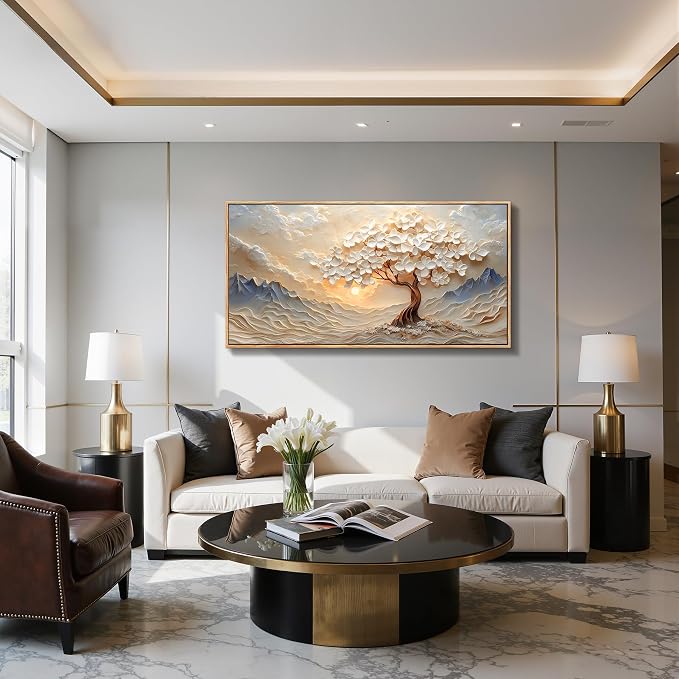 imjiayu Tree of Life Wall Art, Large Framed Wall Art, Modern Art Wall Decor, Abstract Landscape Painting Prints, White Floral Tree Minimalist Pictures for Living Room Bedroom Office Hallway 24"x48"