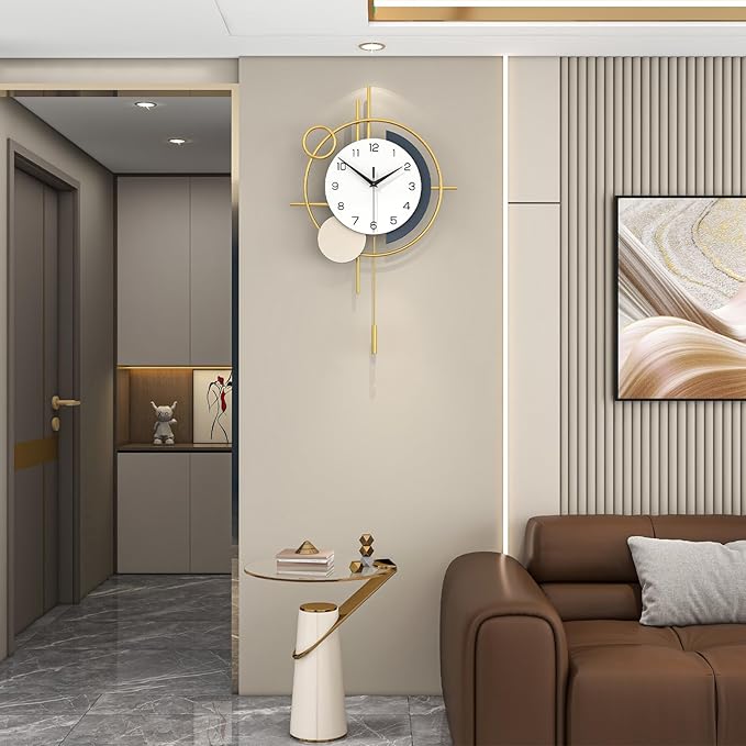 Wall Clock Decorative Large Modern Wall Clock Silent Non-Ticking Battery Operated Gold Unique Pendulum Clock for Living Room,Bedroom,Office,Kitchen,Bathroom,Wall Decor 13.8x21.9in