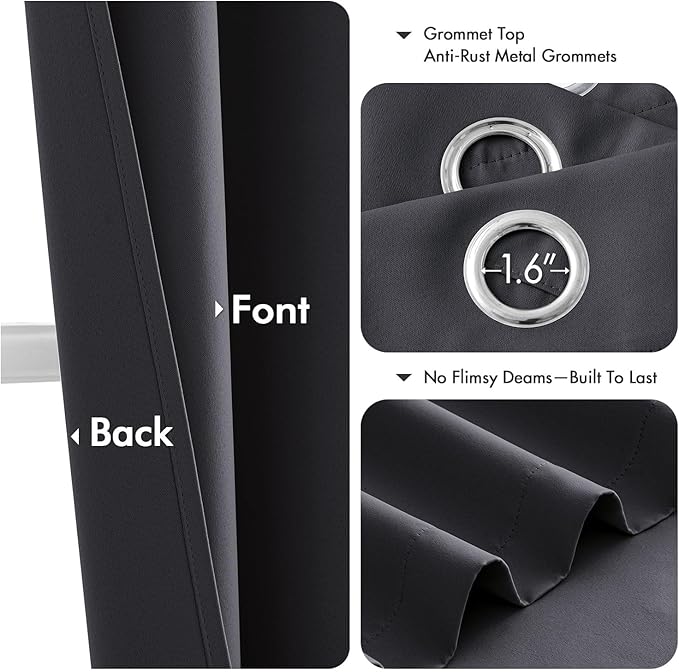MIULEE Dark Grey Blackout Curtains for Bedroom Living Room 63 Inches Long 2 Panels, Thermal Insulated Room Darkening Drapes Solid Grommet Noise Reduction Light Blocking Window Treatments 34x63 Inch