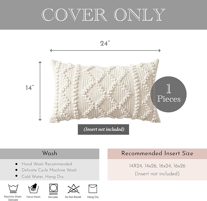 BlissBlush Pure White Decorative Lumbar Pillow Cover 14x24, Boho Accent Throw Pillow Case for Couch Sofa Bed, Modern Farmhouse Textured Lumbar Cushion Bedroom Living Room, Cover ONLY