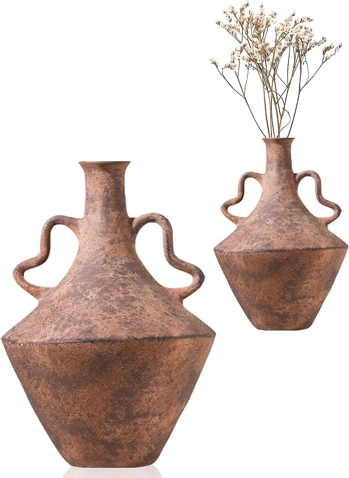UPWOIGH 14x9.06in Vintage Ceramic Vase with Handles | Antique Terracotta Finish, Distressed Brown Tone, Black Markings, Rustic Farmhouse Décor, Gift Ready