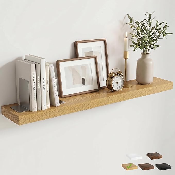 48 Inch Floating Shelves for Wall, 8"D Wood Storage Shelves, Oak Finish | Engineered Wood, Invisible Bracket, Large Storage, Easy Install, Hold Up to 77lbs, Living Room, Bathroom, Bedroom, Kitchen