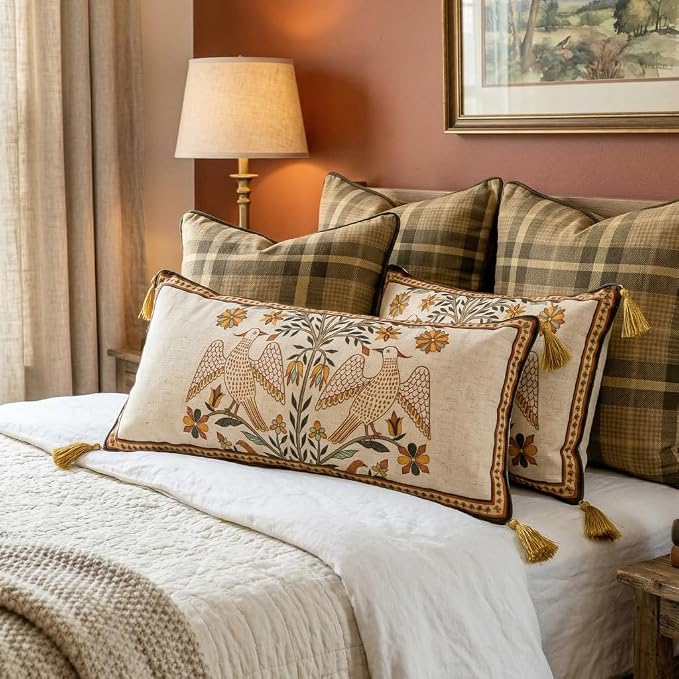 bilin gaier Designer Linen Throw Pillow Covers,28"x12" Set of 2-Seville A | Vintage Elegant Rectangle Pillow Cover,Concealed Zipper,Floral and Bird Pattern,Sofas,Bedroom,Living Room,Lounge Chairs