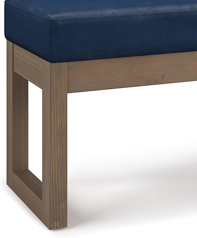 SIMPLIHOME Milltown Small Ottoman Bench - 27" Wide x 18" High Upholstered Vegan Leather Rectangle Footstool Ottoman in Distressed Dark Blue, Contemporary Bench with Cushioned Seat, Assembled