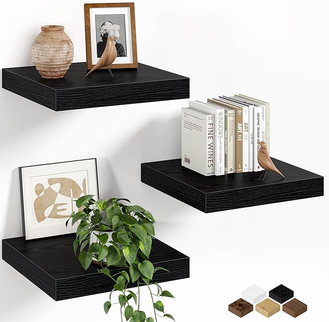 Fun Memories Floating Shelves for Wall, 12 Inch Set of 3 Rustic Wood Wall Shelves with Invisible Brackets, Heavy Duty Storage Display for Bathroom Bedroom Living Room Kitchen, Black
