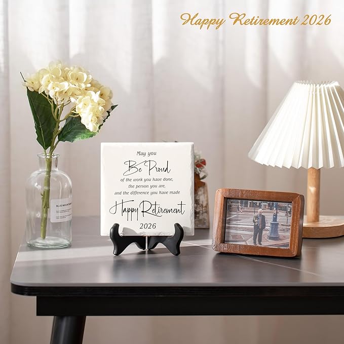 LukieJac Retirement Gifts for Women Men 2026 Retirement Party Decoration Best Ceramic Retirement Plaque 6"*6" Happy Retirement Table Decorations Sign for Teacher Nurses Coworker