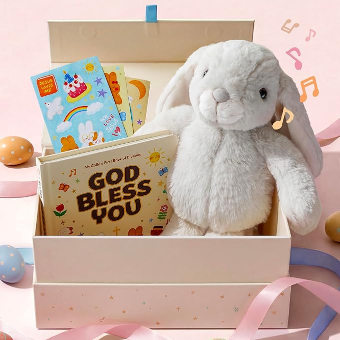 Praise Bunny Christian Easter Gift Set for Kids – 11” Singing Plush Toy with 3 Bible Songs, Hardcover Blessing Book, Keepsake Box, Stickers, Easter Basket Stuffers, Christening Gift for Baby, Toddlers