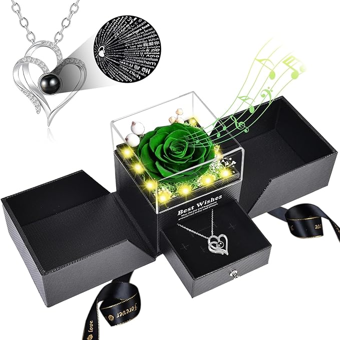 Pasuvsigt Valentines Day Rose Gifts for Her, Preserved Real Rose with I Love You Heart 100-Language Necklace, LED Lights & Music Box, Anniversary Birthday Valentines Gifts for Women Girlfriend Mom