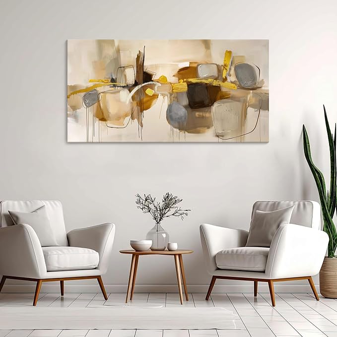 HGUAOA Abstract Wall Art for Living Room - Large Yellow and Orange Geometric Artwork - Modern Paintings for Office Decor - Contemporary Big Wall Decor for Home or Office 20×40IN