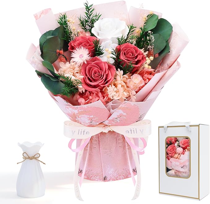 Preserved Pink Rose Bouquet Romantic Flowers Gift Set for Valentine | Preserved Pink Rose Bouquet for lovely Ladies Forever Flowers Gift set for Mom Wife Grandma, Anniversary Mother’s Valentine