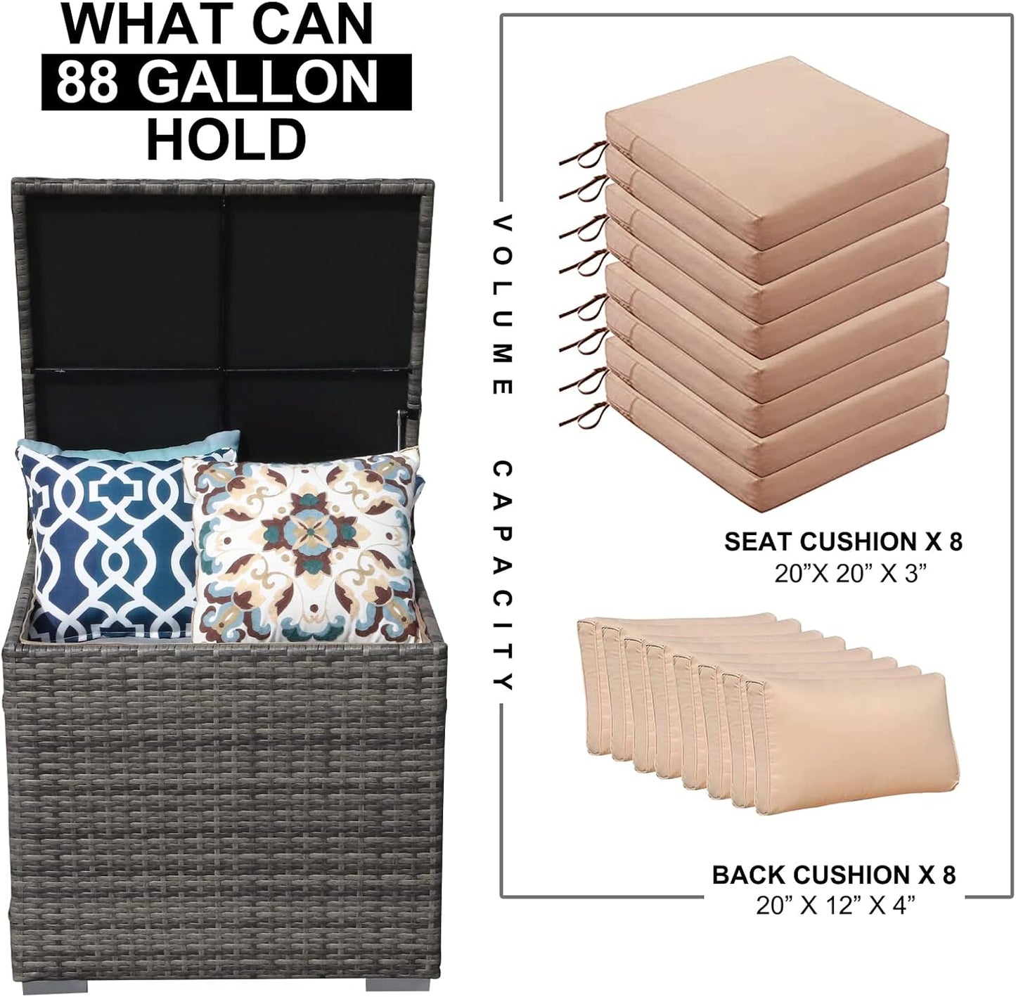 Super Patio Outdoor Patio Storage Box Waterproof, Wicker Storage Bin Deck Box for Cushions, Garden Tools, 88 Gallon, Gray