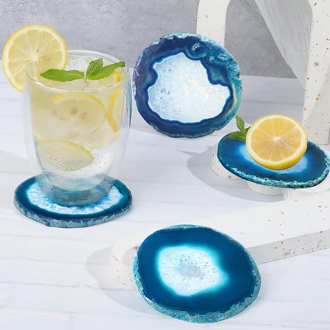 Blue Geode Agate Coasters for Drinks Set of 4 | Natural Stone Coasters 3.5-4", Decorative Gemstone Coasters for Coffee Table, Bar or Desk, Housewarming Gift for Friends