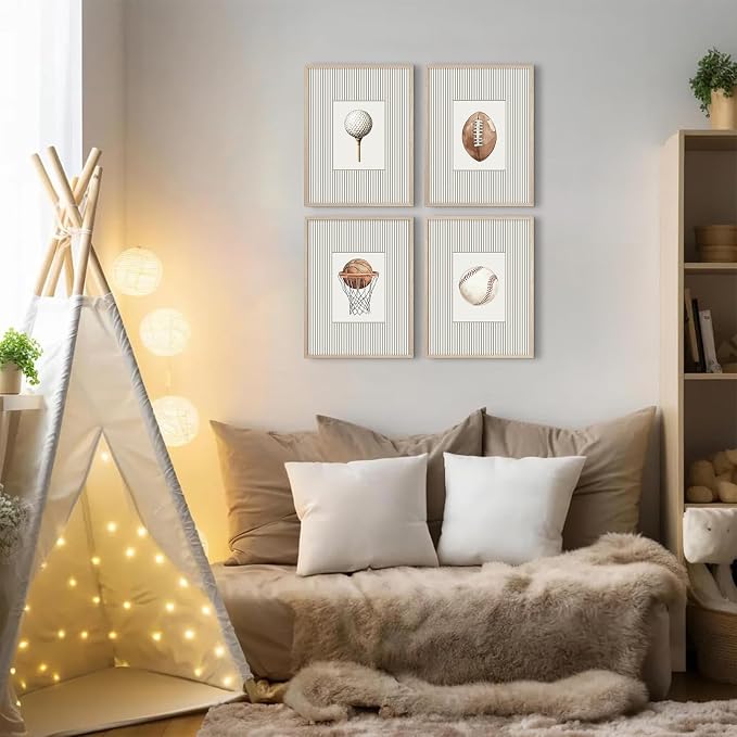 Sports Wall Art Decor Toddler Boys Room Canvas Prints Vintage Sports Nursery Wall Decor Kids Poster Football Baseball Pictures Basketball Golf Painting Artwork for Bedroom 12x16 Inch Unframed Set of 4