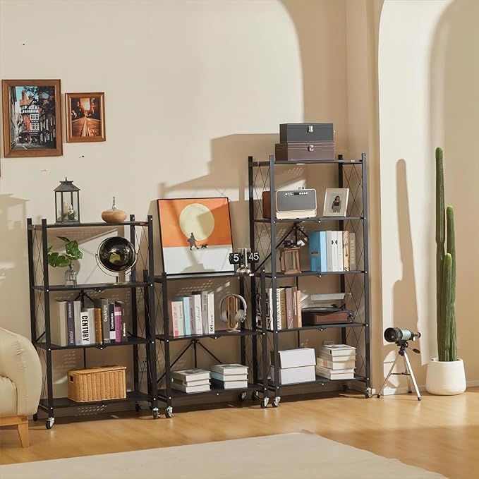DEANIC 4 Tier Foldable Storage Shelves with Wheels, Large Capacity Shelving Unit, Freestanding Metal Wire Shelf Rack, No Assembly Organizer Rack for Garage Kitchen, Basement, Pantry(Black Pack of 2)