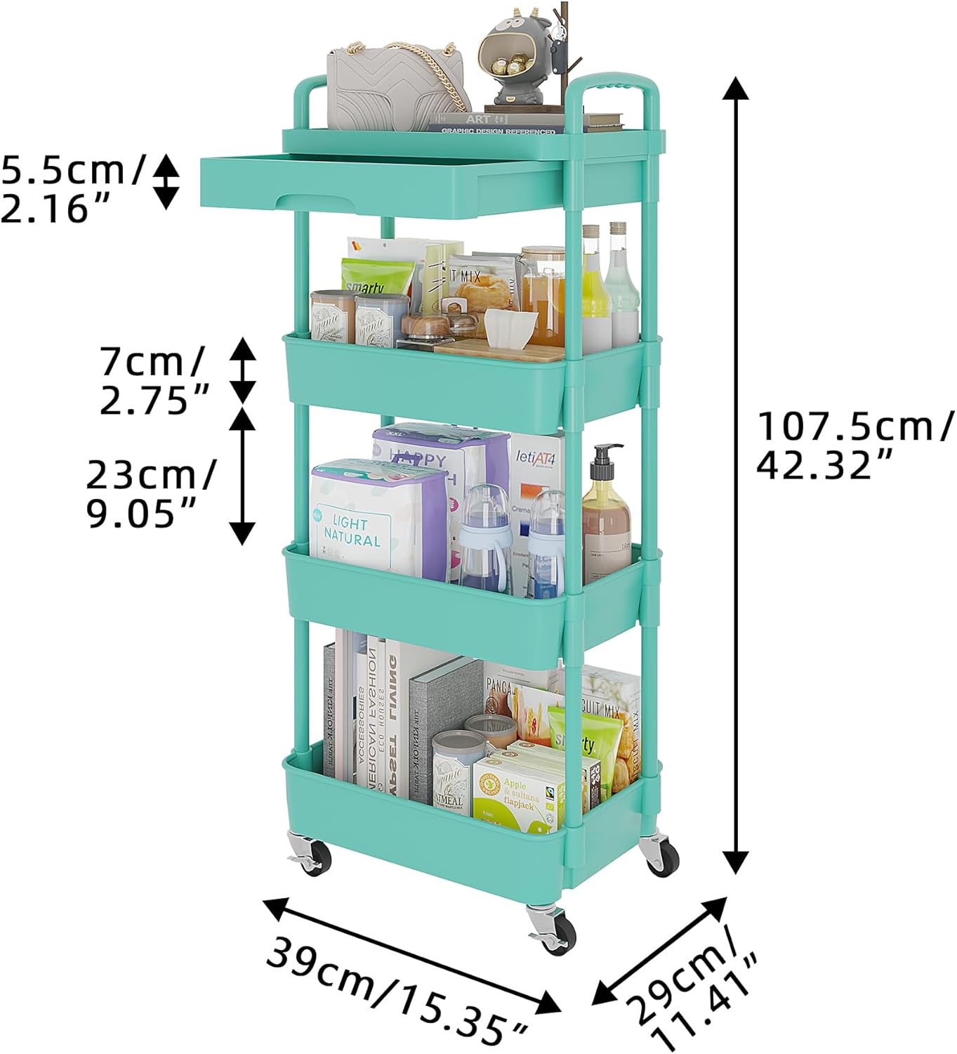 Calmootey 4-Tier Rolling Utility Cart with Drawer,Multifunctional Storage Organizer with Plastic Shelf & Metal Wheel,Storage Cart for Kitchen,Bathroom,Living Room,Office,Green