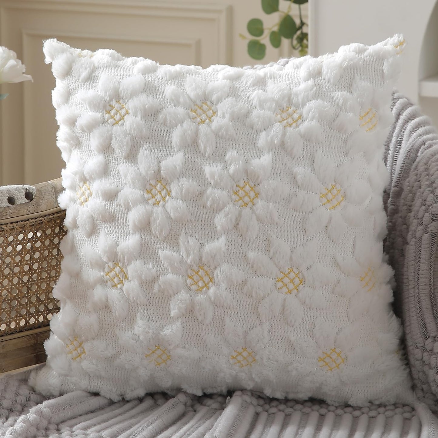 DFXSZ Spring Summer Pillow Covers 20x20 inch Set of 2 Farmhouse Decor Yellow Color Flower Heart Sunflower Soft Plush Faux Fur Jacquard Throw Pillows for Sofa Holiday Spring Home Decor PTK024C20