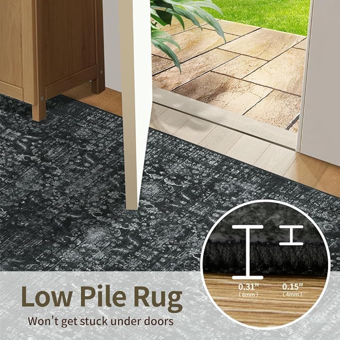 Rugxara 5x7 Area Rugs for Living Room Bedroom, Washable Rug, Black Vintage Floral Boho Rug, Non Slip & Low Pile Faux Wool Thin Carpet for Indoor Dining Room and Kids Room(Black 5x7ft)