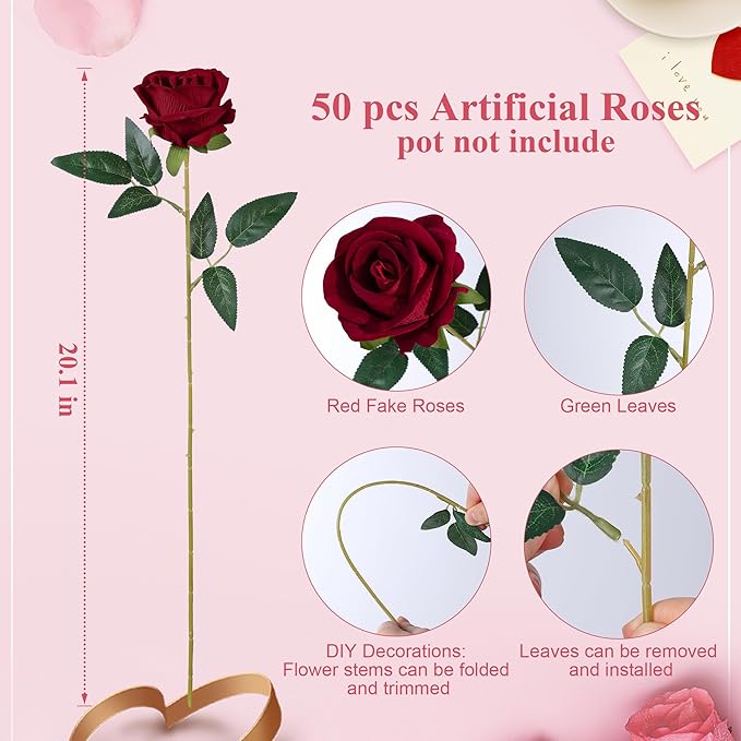 50 PCS Burgundy Roses Artificial Flowers, Fake Roses with Stem Realistic Silk Roses for DIY Wedding Bouquets Table Centerpieces Arrangements Baby Shower Birthday Home Decor Valentines Day Gift for Her